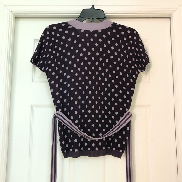 Silkwear Purple Polka Dot Buttoned V-Neck Belted Knit Cardigan Top Blouse - Picture 15 of 16